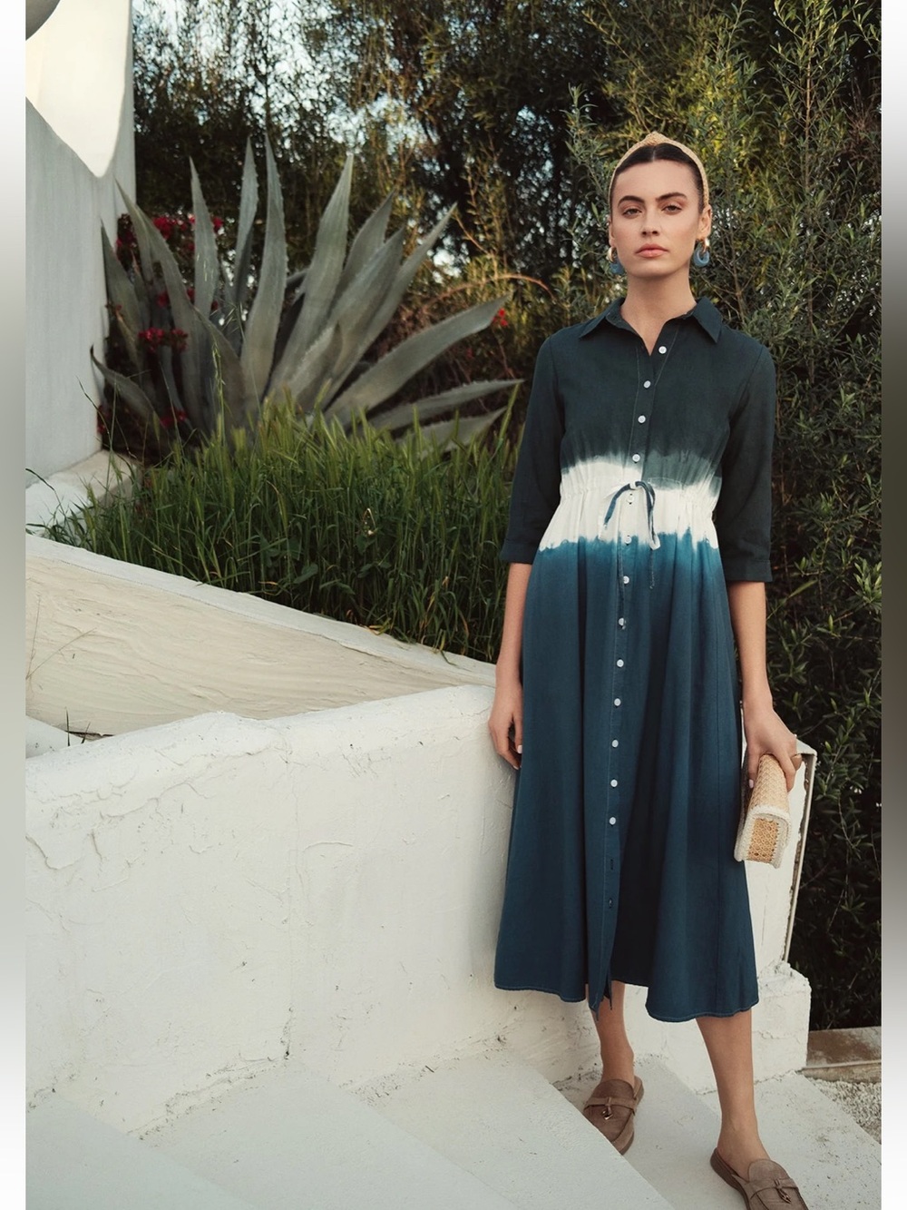 Bliss Teal and White Tie-Dye Midi Shirt Dress
